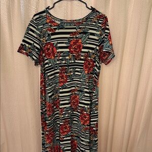 LuLaRoe Red Floral Striped Midi Dress